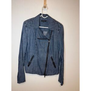 Anthropologie Level 99 light Blue Denim Jean Jacket L with Black Zippers